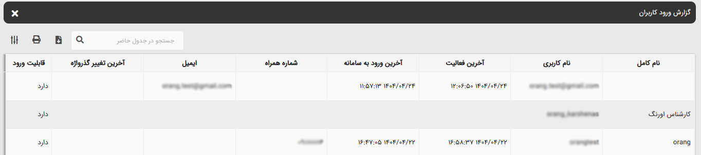 خروجی گزارش ورود کاربران